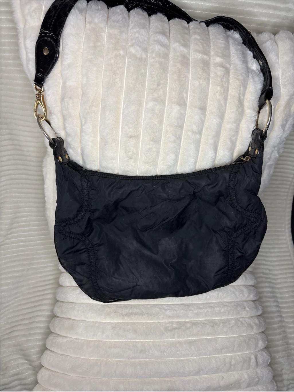 Tod’s Pashmy Luna Black Nylon Patent Leather Hobo Shoulder Bag Gold Hardware